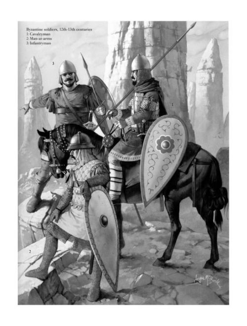 Στρατιώτες της Ρωμαϊκής αυτοκρατορίας την εποχή της Νορμανδικής εισβολής (12-13 μ.Χ αιώνας) Εικονογράφηση: Α. McBride Διακρίνονται: Έφιππος καβαλάριος (1), Βαριά οπλισμένος πεζός (2), Κονταράτος (3)